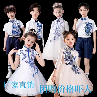 新款儿童朗诵合唱演出服比赛男女童中国风中小学生青花瓷表演服装