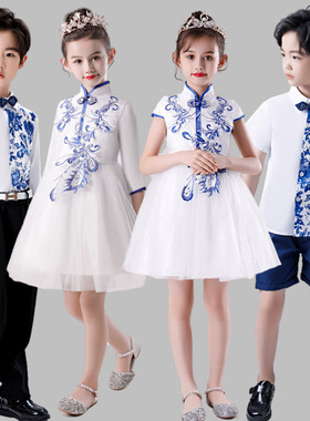 儿童青花瓷演出服中小学生大合唱朗诵比赛表演服中国风女童古筝服