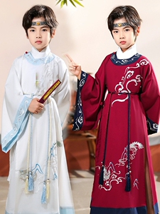 儿童古装汉服圆领长衫男女中国风白色仙气大袖国学服演出服古风
