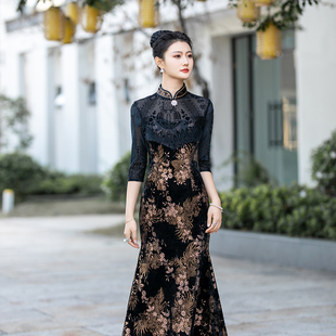 高端丝绒烫金 修身 宴会礼服旗袍2025新款 秋冬鱼尾网纱提花气质时尚