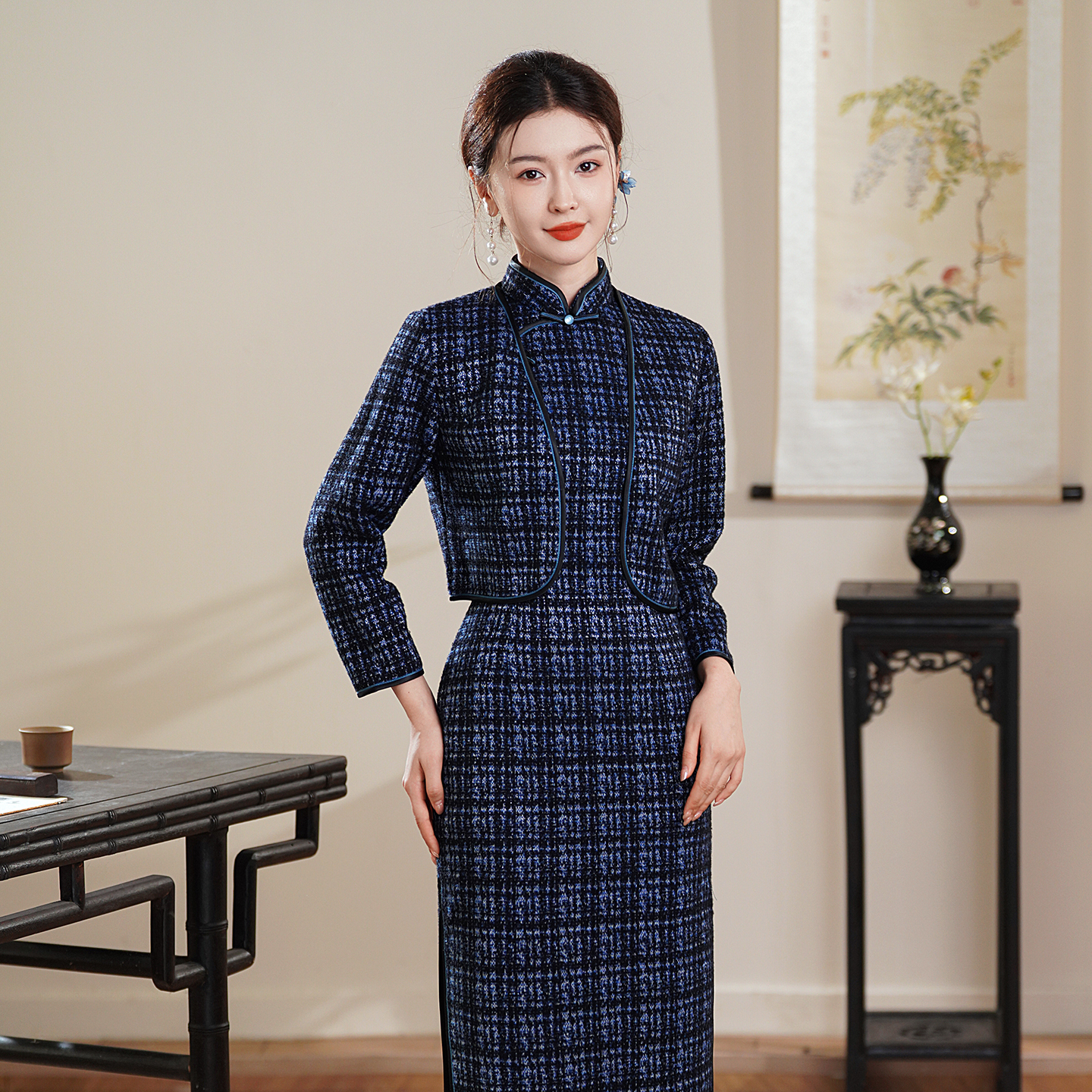 改良旗袍2025新款蓝色长袖两件套