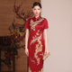 旗袍女时尚 醋酸重工凤凰刺绣酒红色妈妈礼服 夏季 喜婆婆婚宴装 新款