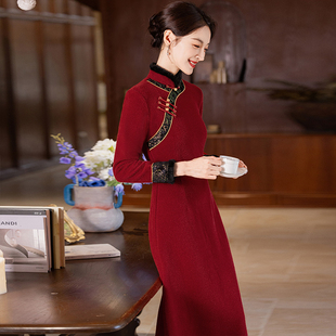 红色妈妈礼服婚宴装 连衣裙秋冬新款 加厚长袖 旗袍女冬季 气质 改良版