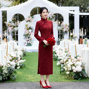 新中式 旗袍女复古立领盘扣敬酒服结婚回门礼服新娘高级感 红色长袖