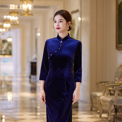 旗袍女2025秋冬波点立领无袖高端