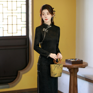黑色复古旗袍女新款秋冬中式改良气质素雅年轻款长袖日常加厚长袖