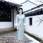 蓝色绣花旗袍女高端气质加绒加厚修身 2025新款 新中式 显瘦日常可穿