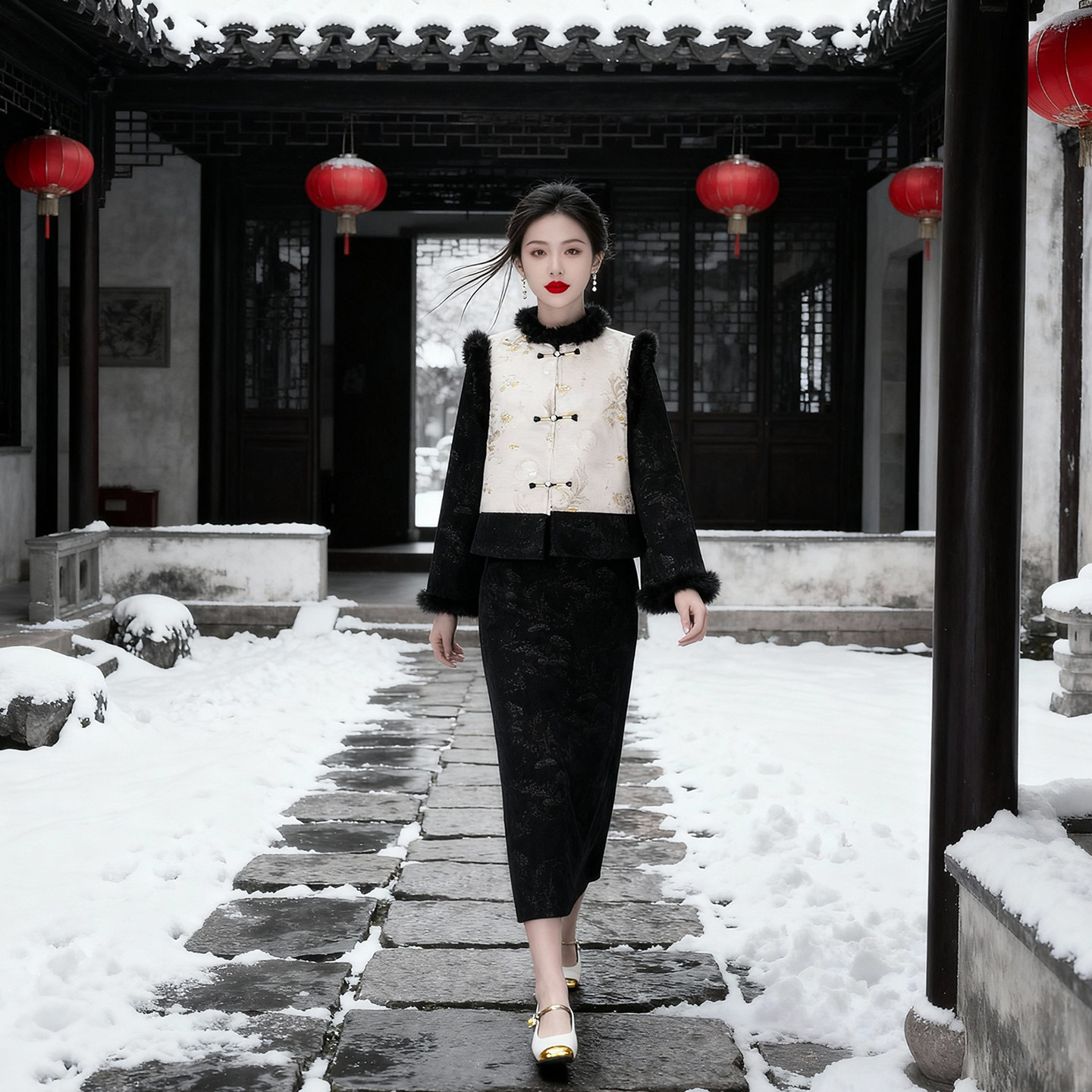 新中式黑白拼色旗袍套装女盘扣加绒加厚改良国风气质优雅修身日常