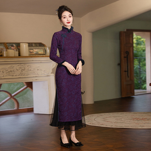 高端厚显瘦日常 女紫色气质妈妈改良加绒加厚长袖 旗袍2025冬季 新款