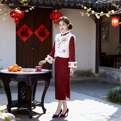 新中式绣花旗袍女加绒红色两件套