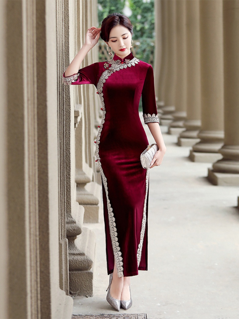 Cheongsam, spring velvet long retro mom wedding dress