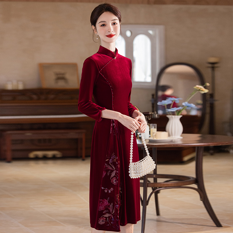 连衣裙莹杉金丝绒新中式复古国风