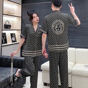 薄款 网红气质同款 情侣睡衣女夏季 短袖 家居服可外穿三件套 大码 男士
