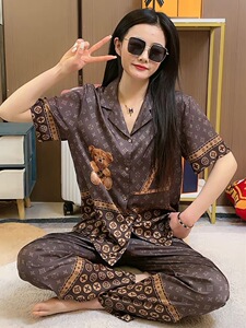 新小熊睡衣女2023年新款简约休闲舒适短袖长裤家居服女两件套套装