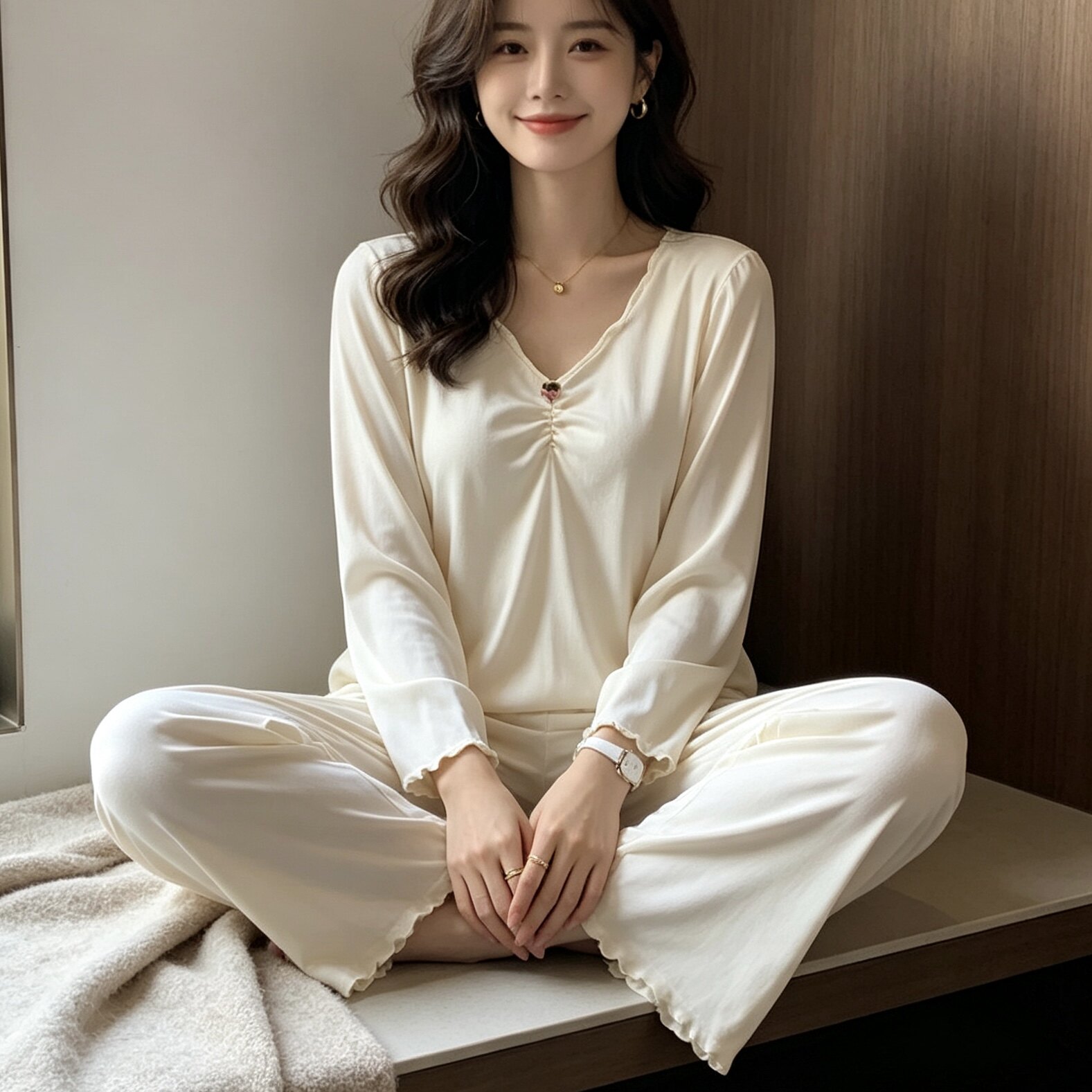春秋米白睡衣女V领胸前抽褶木耳边长袖宽松阔腿裤气质家居服套装