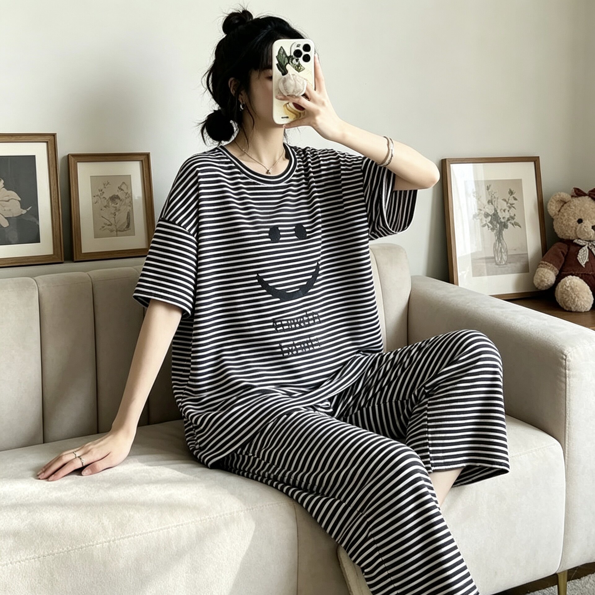 条纹笑脸睡衣女款夏季家居服套装