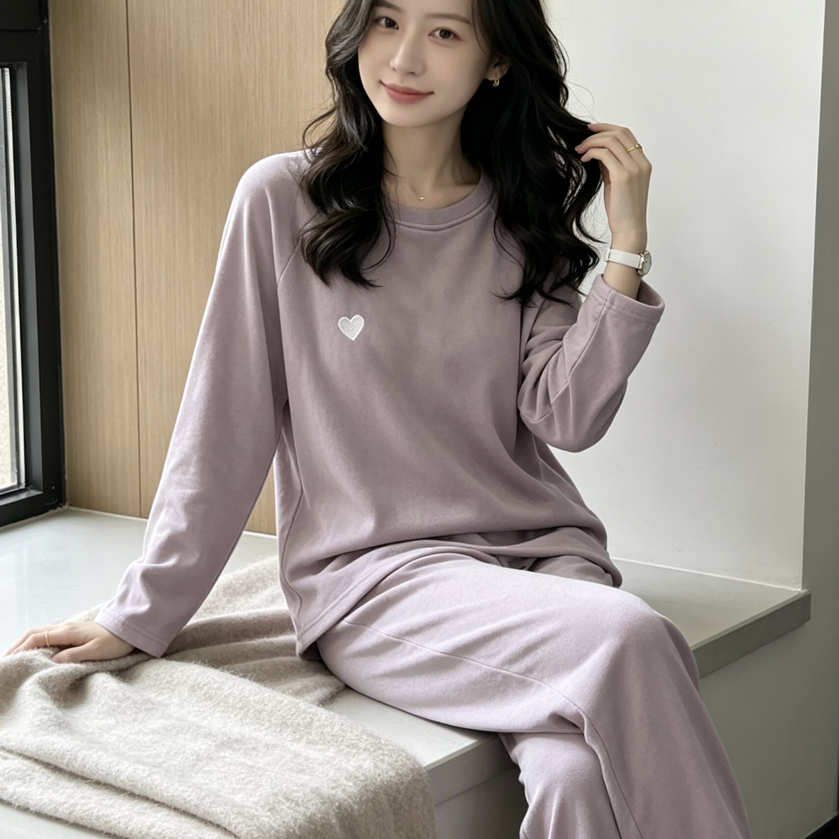 春秋香芋紫爱心刺绣睡衣女圆领插肩长袖宽松阔腿长裤休闲家居套装