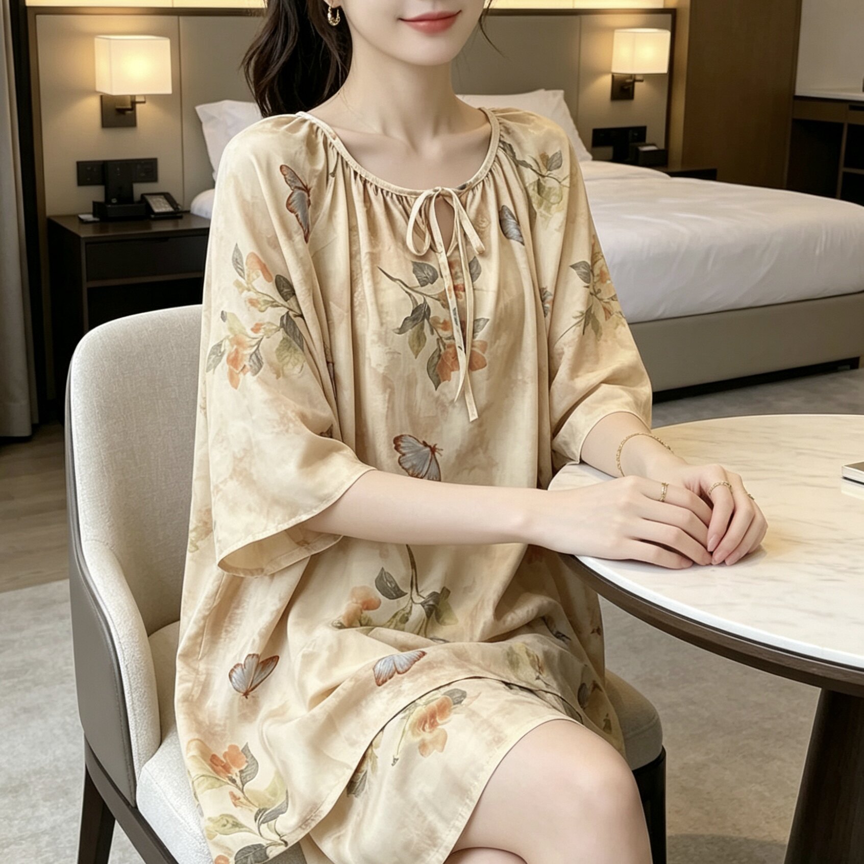 温柔杏色蝴蝶可外穿家居服套装