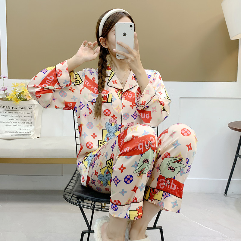 睡衣女春秋新款韩版网红薄款长袖卡通真丝时尚大码家居服套装休闲