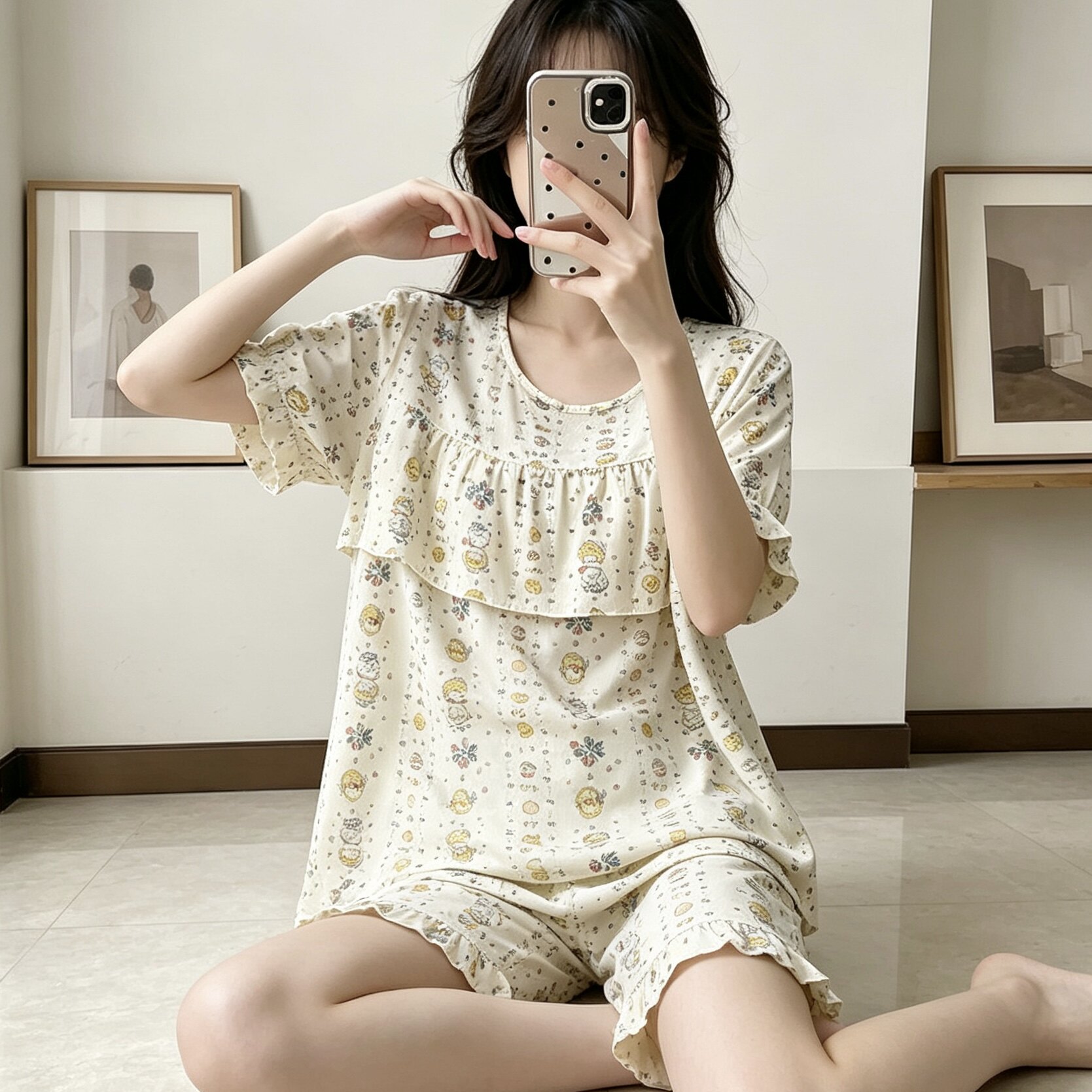 森系清新印花防凸点睡衣女夏季透气短袖短裤居家服可外穿两件套