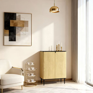 H.CLUB实木边柜双门储物柜劳伦黑金大理石台面金属脚双门展示柜