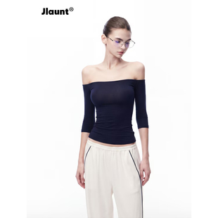 JLAUNT 天丝藏青色一字肩t恤女夏修身七分袖体恤美式辣妹露肩上衣