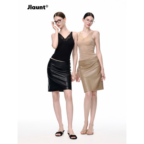 JLAUNT卡其色PU皮半身裙女包臀