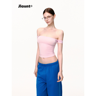 JLAUNT 粉色一字肩t恤女夏季设计感修身吊带背心美式辣妹露肩上衣