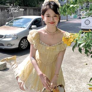 甜美裙子 Acaine中长款 黄色方领泡泡袖 收腰a字连衣裙女春季 法式