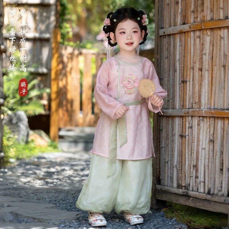 女童唐制风中长圆领袄腰带裤子汉服春夏儿童小女孩中国风高端唐装