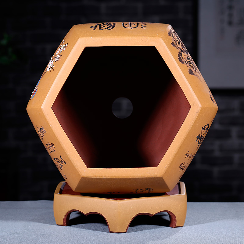 特大号精品紫砂花盆六方形带底座透气花盆陶瓷古典艺术盆景花盆