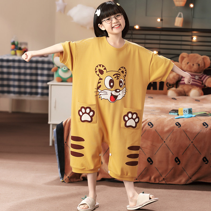 卡通睡衣女童夏季纯棉连体衣卡通小老虎女孩全棉夏天短袖连体睡袋