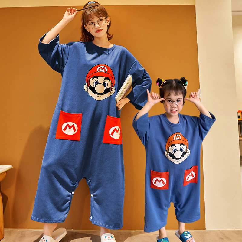 亲子装连体睡衣春秋薄款纯棉长袖男女童防着凉儿童连身宝宝家居服