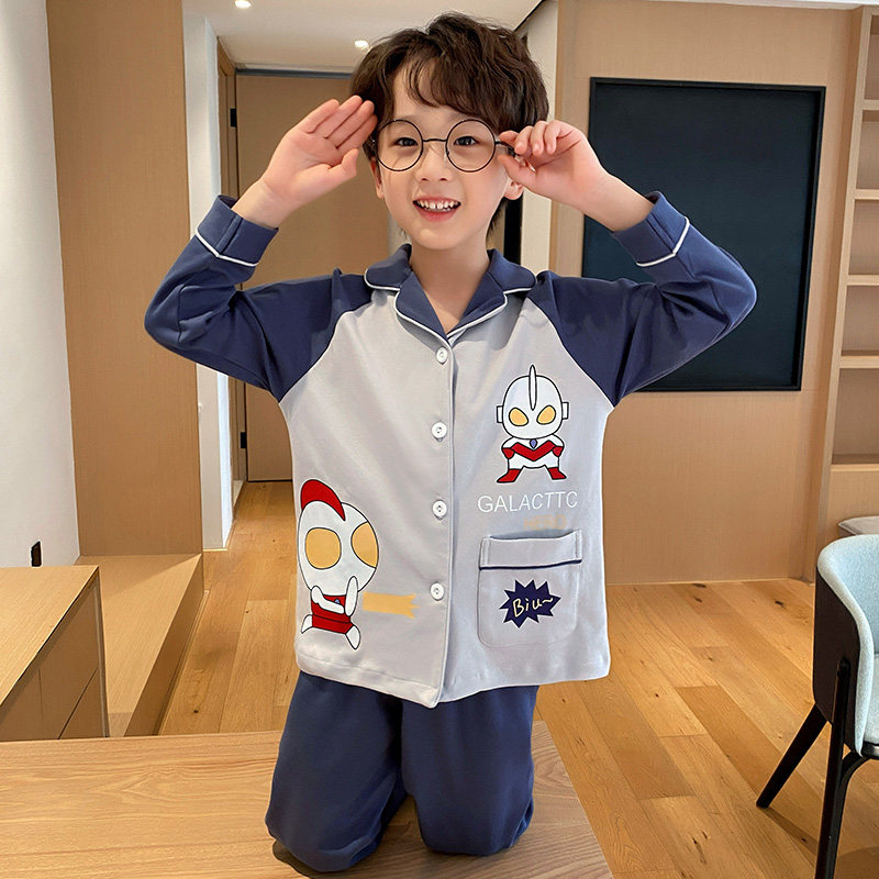 秋季男孩睡衣长袖纯棉青少年高中学生中大童12岁15开衫居家服套装
