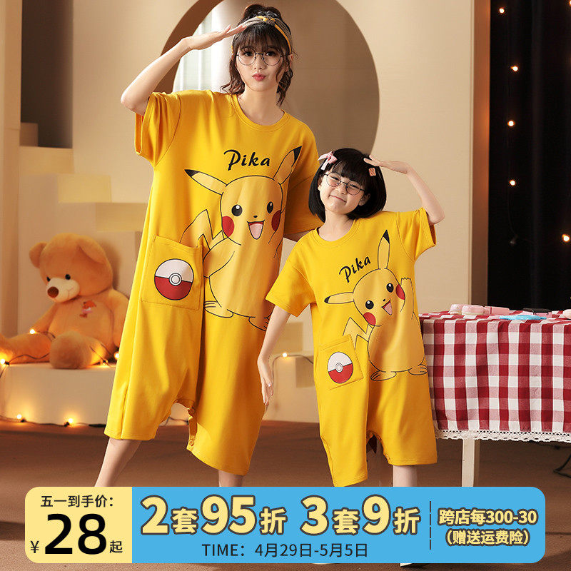 夏季儿童短袖连体睡衣纯棉薄款女孩卡通皮卡丘宽松睡裙母女家居服