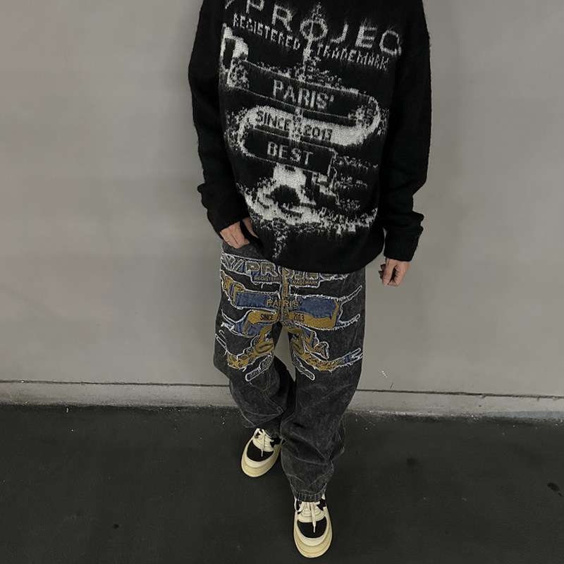 原汁原味Y/PROJECT雪花洗水破坏绣花字母直筒宽松阔腿牛仔裤男女