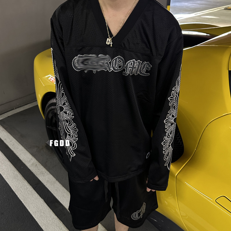 mattyboy 梵文V领黑色双层网眼透气冰球服休闲运动 男女长袖T恤