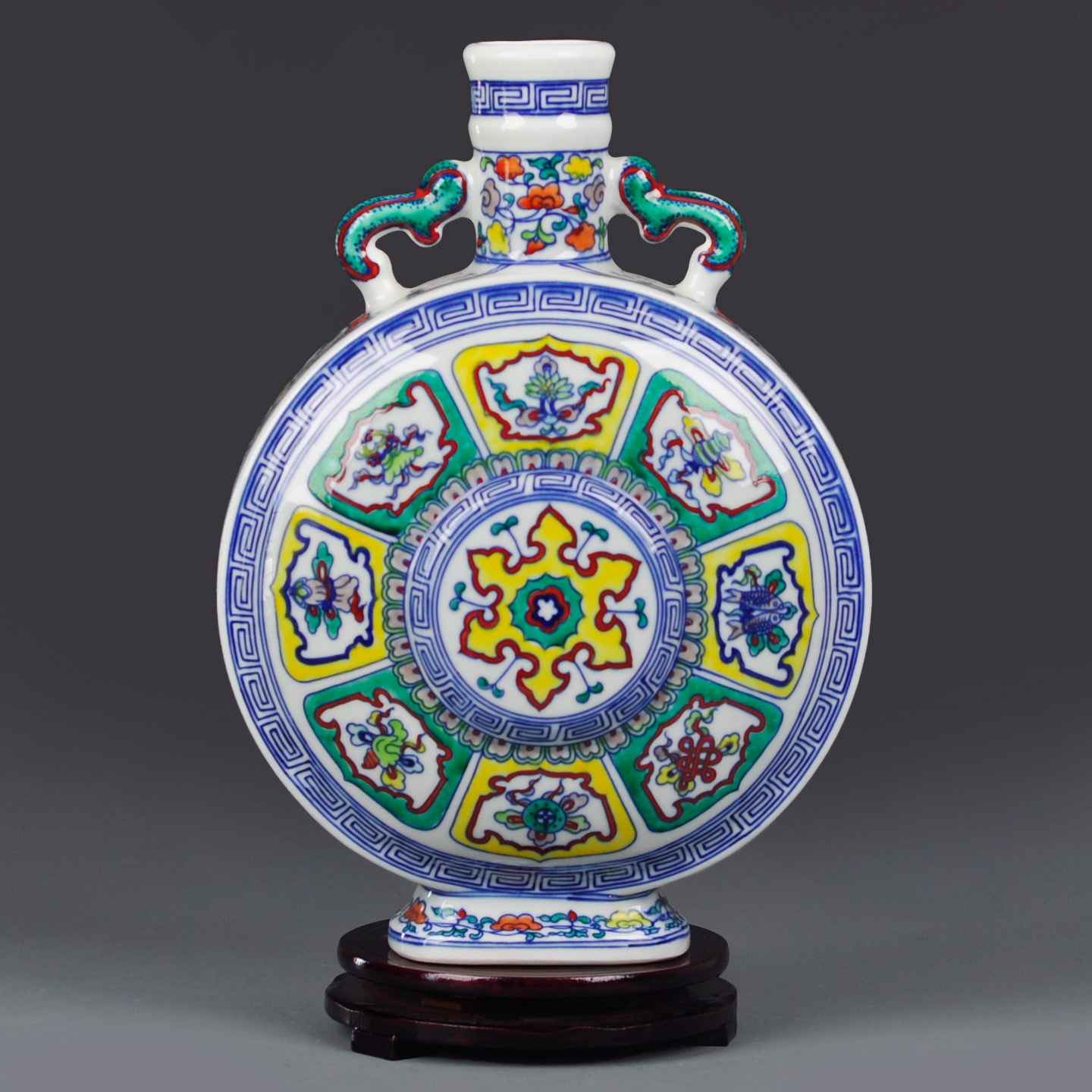 景德镇陶瓷花瓶青花斗彩八宝扁瓶中式古典双耳装饰工艺品摆件礼品