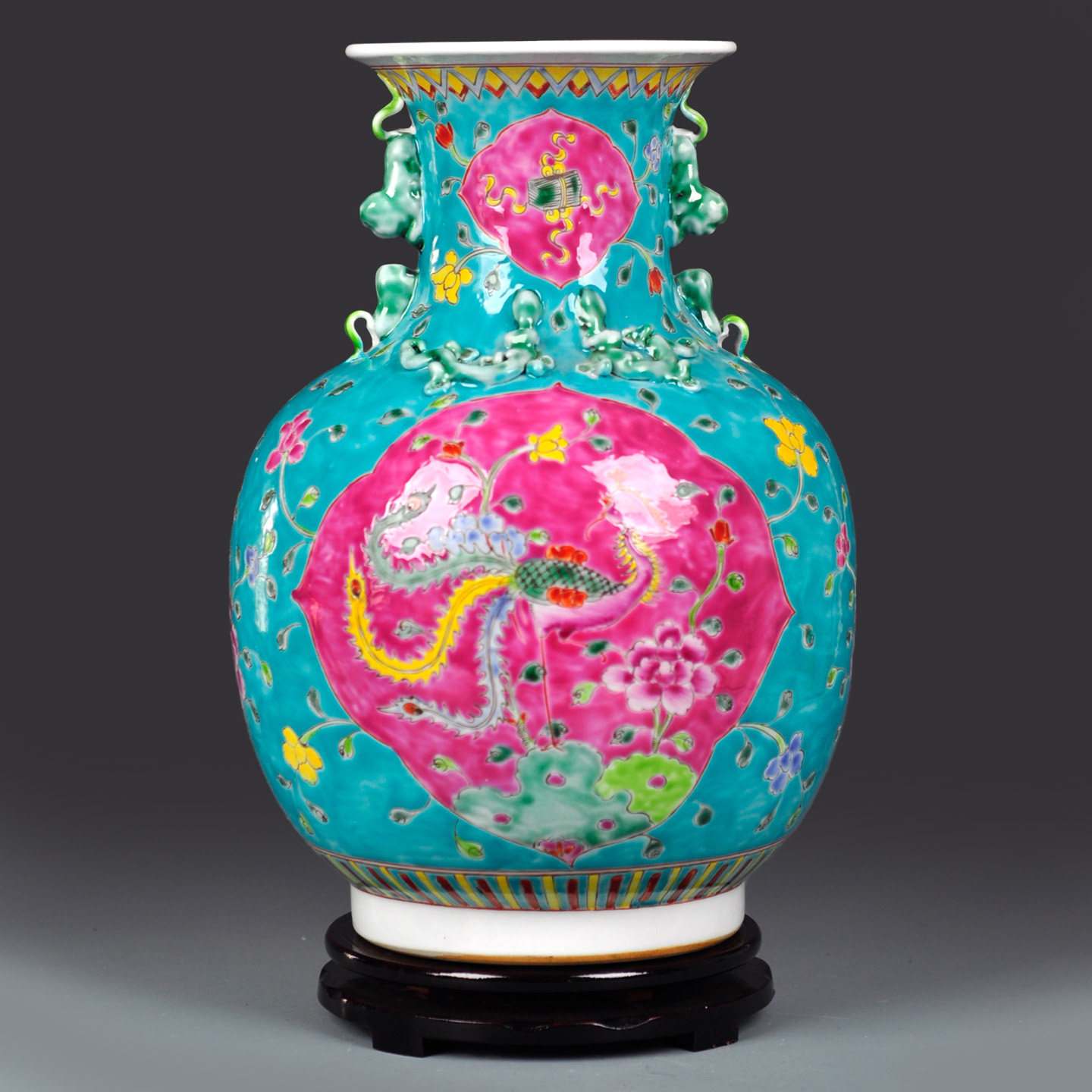 仿古收藏手绘粉彩松石绿寿桃凤牡丹双耳瓶瓷器收藏摆件家居装饰品