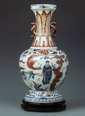 景德镇仿古手绘元代青花釉里红描金双耳人物故事花瓶中式装饰摆件