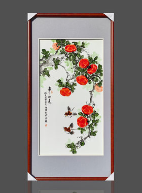 手绘瓷板画事事如意 柿子花鸟竖版画 中式玄关走廊实木框装饰壁画