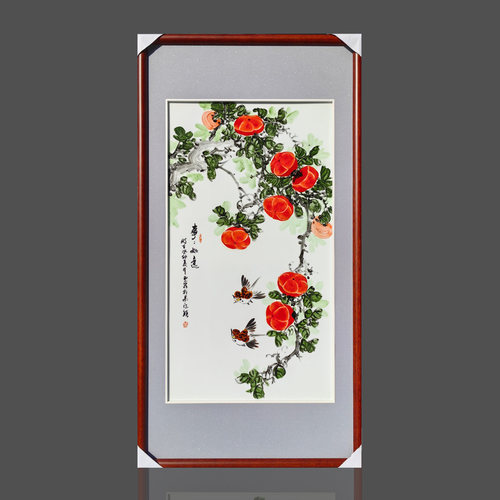 手绘瓷板画事事如意 柿子花鸟竖版画 中式玄关走廊实木框装饰壁画