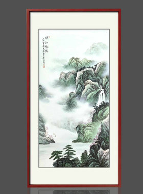 手绘景德镇瓷板画竖版峡江帆影山水挂画新中式玄关走廊陶瓷装饰画