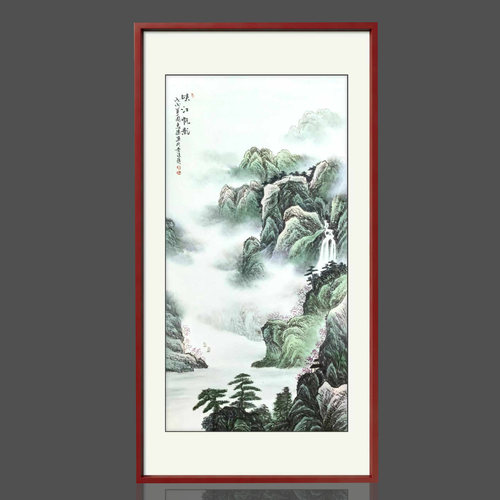 手绘景德镇瓷板画竖版峡江帆影山水挂画新中式玄关走廊陶瓷装饰画