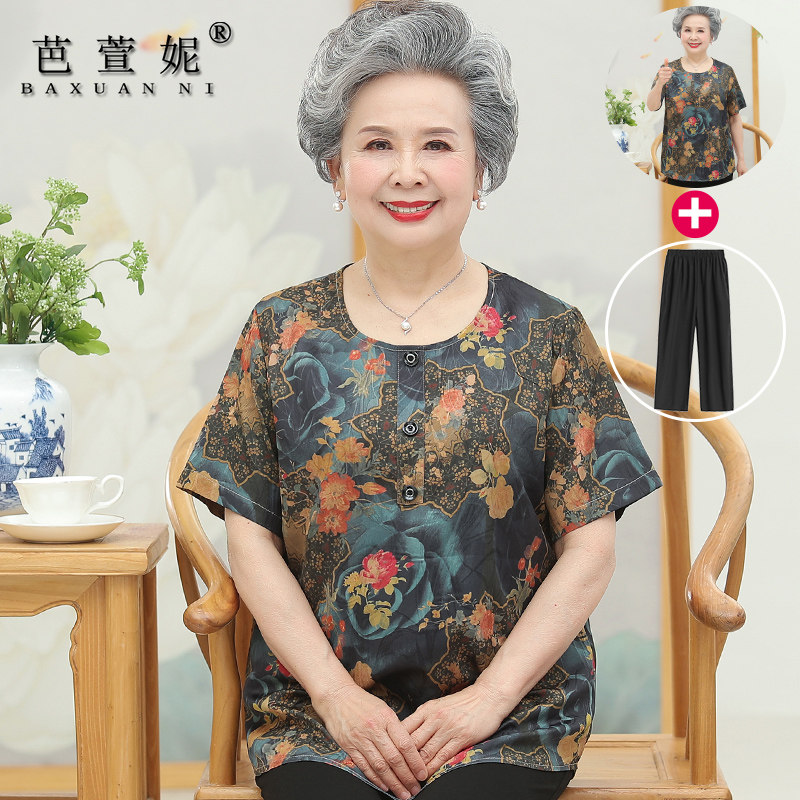 胖妈妈夏装短袖上衣中老年人女装棉绸t恤宽松加肥加大码奶奶套装