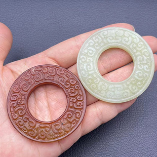 岫玉平安扣吊坠挂件仿古做旧双面雕刻明清回云纹玉佩汉服腰佩流苏