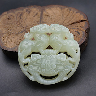 岫玉双貔貅吊坠挂件仿古双面雕刻兽面玉佩玉坠汉服腰佩流苏玉配饰