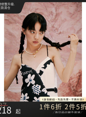 THESEVENTHTAIL设计师品牌复古印花朵裙子黑色连衣裙女夏吊带裙