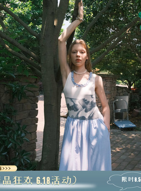 THESEVENTHTAIL设计师品牌U领荷叶边蝴蝶结印花显瘦背心连衣裙