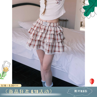 复古红格纹蛋糕裙裙裤